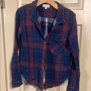 Cloth & Stone Blue and Red Plaid Distressed Shirt Size M
